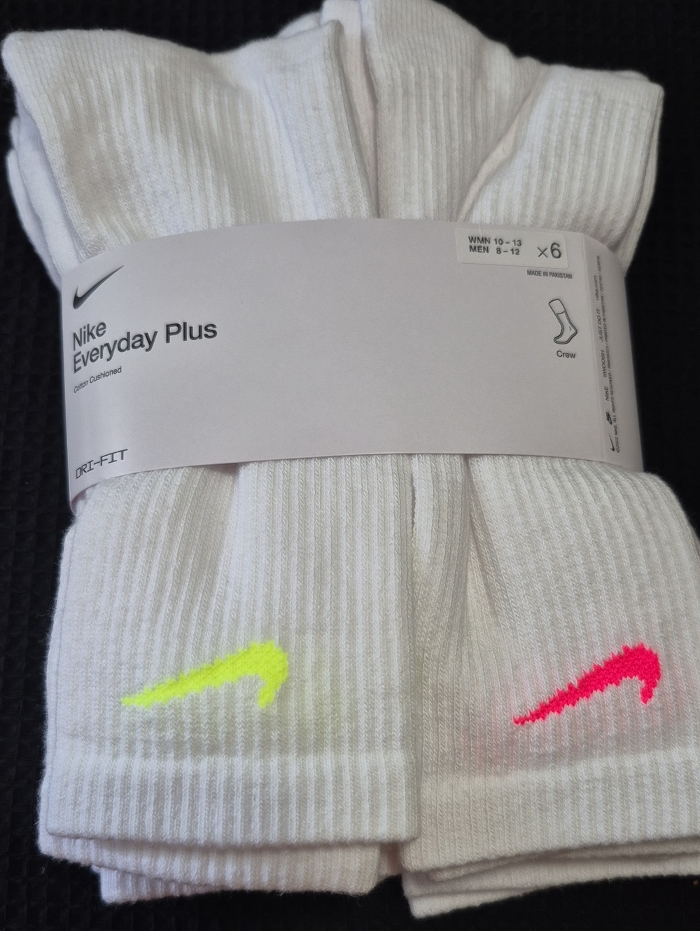 Nike White Crew Socks with Neon Yellow & Neon Pink Swooshes (6-Pack)